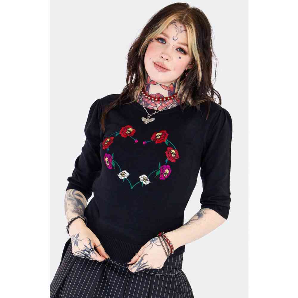 Jawbreaker - Skull Flower Heart Knitted Sweater - Black